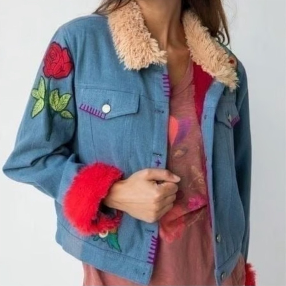 NATURAL LIFE Blue Jean Jacket with Red and Green Embroidery New with Tags!
